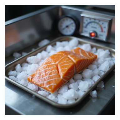 realistic 4K image of orange salmon fillet on a tray inside a blast chiller cell, with dry ice and thermometer showing very low temperatures sticker