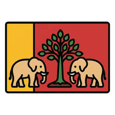 flag design with red and yellow background, syrissa tree at center, elephants symmetrically arranged on either side sticker