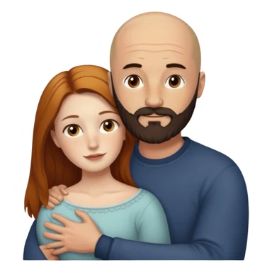 Couple. Bald man with dark brown-black beard. White woman with many small, faded freckles, she has white skin and she has auburn-yellow-brown-cinnamon, dark long hair. She has light brown eyes. The man have hazel eyes. Retro style. They hug. sticker