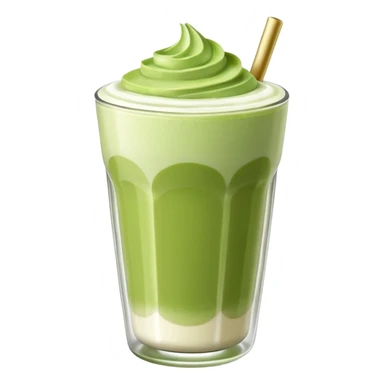 Matcha latte glossy 3D en vaso de vidrio minimalista, realista, estilo sticker, sin cara ni rasgos humanos, capas matcha y leche suaves, espuma ligera arriba, reflejos sutiles, fondo transparente. sticker
