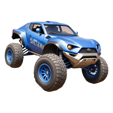 Satan’s evil night blue Dirty and dented Local Motors Rally Fighter off road race car hot rod meets Toyota 86 trophy truck-style basher flying on a dusty road (silver wheels) sticker