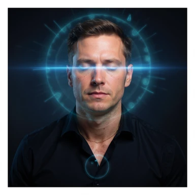 Vertical portrait of a man's face in a realistic professional photography style. The eyes are closed in meditation with a luminous aura around the face. Include symbols of cellular renewal. The atmosphere conveys inner peace during fasting. sticker