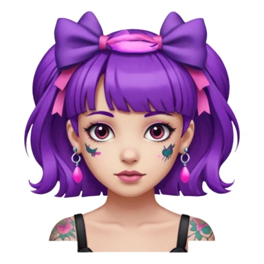 girl with bangs and purple hair and pink hairbow on the side of head and earrings and tattoos sticker