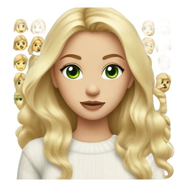 blonde girl with green eyes, smooth skin, white sweater, long blow out hair, baddie, middle part sticker