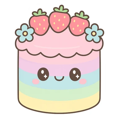pastel rainbow wedding cake with strawberries, pastel blue flowers, no topper, kawaii style sticker