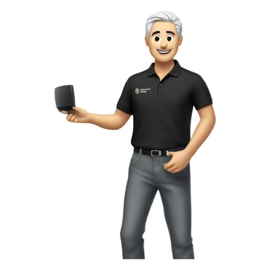 Technician with grey hair wearing a black polo shirt installs a TV onto a white wall of an exhibition stand sticker