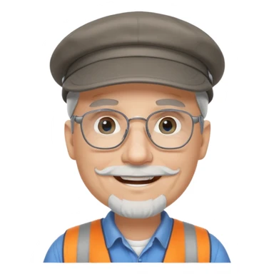 Older cute white male, grey goatee, grey Irish flat cap, smiling,handyman, blue eyes wire rim glasses, goatee sticker