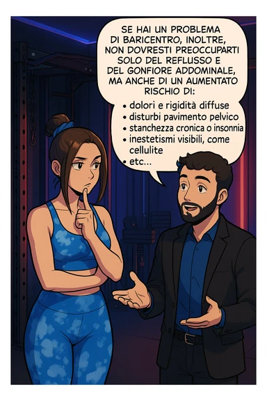 TRASFORMA QUESTO CAROSELLO IN UN FUMETTO STILE WEBTOON/MANGA A COLORI CON QUESTE DUE PERSONE IDENTICHE CHE INTERLOQUISCONO TRA LORO, L'uomo sta spiegando alla donna questo concetto MENTRE LA DONNA SI TIENE L'INDICE SUL MENTO ASCOLTANDOLO PENSIEROSA:

Se hai un problema di baricentro, inoltre, non dovresti preoccuparti solo del reflusso e del gonfiore addominale, ma anche di un aumentato rischio di:
    • dolori e rigidità diffuse
    • disturbi pavimento pelvico
    • stanchezza cronica o insonnia
    • inestetismi visibili, come celluluite
    • etc… sticker