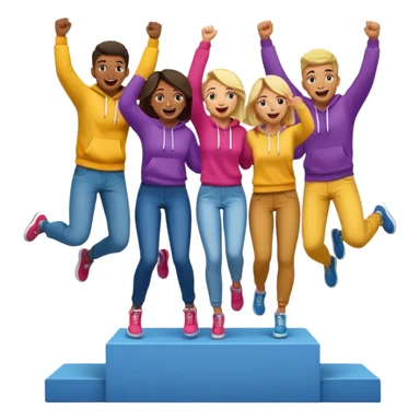 multi-racial men and women standing on a winners’ podium with the middle podium position elevated, no numbers on podium, casually dressed in fun colorful jeans t-shirts and hoodies, one person jumping with excitement, excited fun expressive emoji style sticker