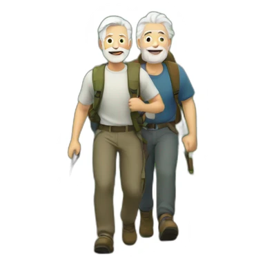 Older men with white hair and younger man with brown hair and a beard hiking up a hill sticker