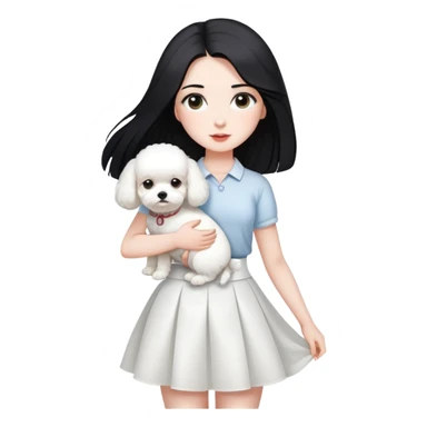 A beautiful girl with long straight black hair wearing a white skirt holding a small white Bichon Frise sticker