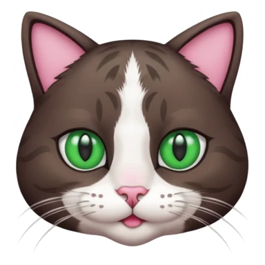 a cat with green eyes, lines on his head but he is a really dark brown and has white paws and a white neck and mouth fur and nose is pink sticker