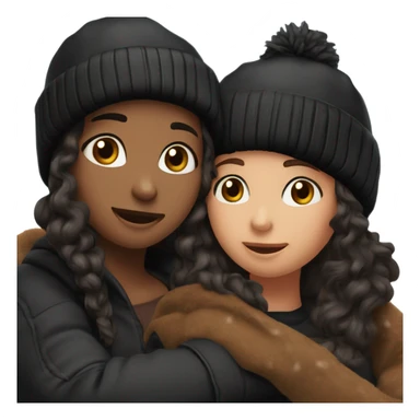2 womenbest friend, one of them is brown  wavy hair in black winter cap, and the other one is black straight hair in black winter cap, hug sticker