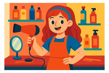 chica en la peluquería, secador de pelo en mano, estilo vibrante y amigable, fondo con productos de belleza sticker