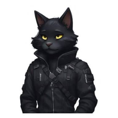 Gorgeous furry dark techwear anime style anthro black cat furry sona Fakémon aesthetic and pretty edgy black with collar and harness trending style sticker