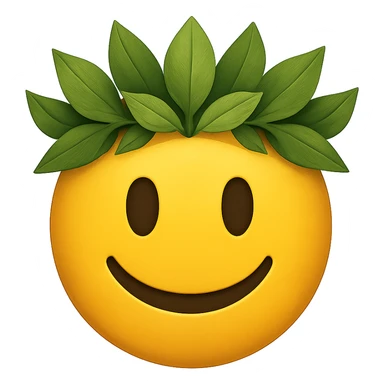 yellow face with green leaf crown emoji, digital illustration sticker