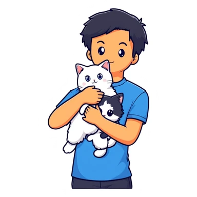 teenage boy with black hair wearing blue short sleeve shirt holding a white ragdoll cat sticker