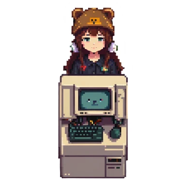 Lain Iwakura with signature bear hat, retro computer background, pixel art style sticker