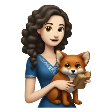 White girl in a dress for Hanukkah with longer wavier dark brown hair holding a menorah with her red fox lookalike dog  sticker