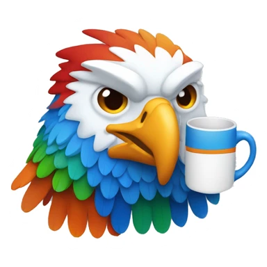 create a blue eagle with colorful wings in the colors: orange, red and green. This eagle has to be holding a white mug. sticker
