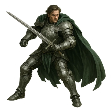 warrior in ornate silver armor, green cape, ready for battle sticker