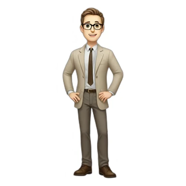 Full height Actively Gesturing Pale skinned fit man with dark brown hair in gray jacket, beige office shirt, brown tie, brown pants and vintage glasses. sticker
