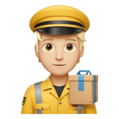 german delivery guy with yellow uniform and package with no hat sticker