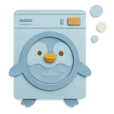 pastel blue penguin washing machine, spinning soap bubbles, happy face, full-body sticker