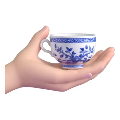 human hand holding a small traditional Chinese blue and white porcelain tea cup without handle sticker
