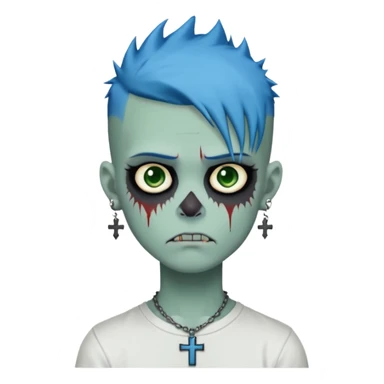 zombie boy with spiky emo blue hair and white shirt , tattos, a risk on the eyebrow, earings,  a necklace with a cross, green skin emoji  sticker