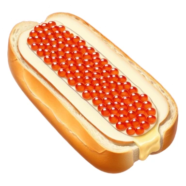 Apple style 3D emoji of a slice of fresh baguette with creamy butter and a generous layer of shining red caviar.
Realistic textures but in a clean 3D icon style. Soft reflections on the caviar pearls, delicious look, isolated on a white background. sticker
