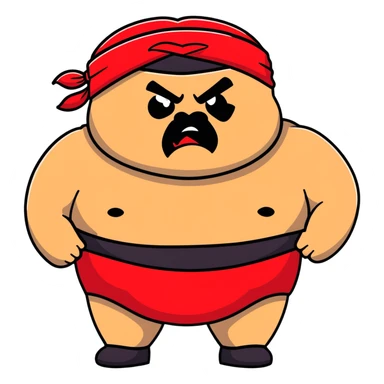 Extreme close-up of face of morbidly obese white skin guy with young face, prominent BLACK DURAG tied clearly on head, distinct black beard and mustache, black eyes in a red and black wrestling singlet with angry expression sticker