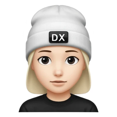 wearing a white beanie with an black square logo with the word "DX" written on it.

 sticker