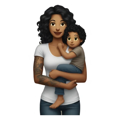  mom with tattoos on arm with long black hair holding a baby boy with dark brown curly hair  sticker