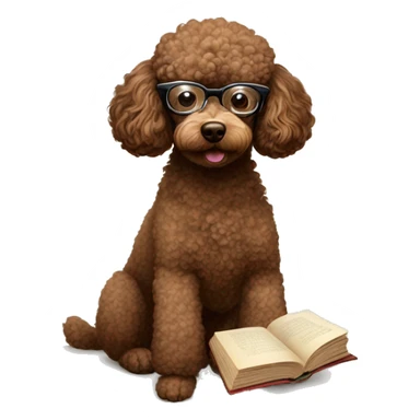 Brown poodle with wire rim glasses reading a book sticker