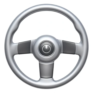A futuristic steering wheel emoji made of silver chrome, minimal geometric design, smooth metallic surface, soft reflections, iOS emoji style, centered, clean white background sticker
