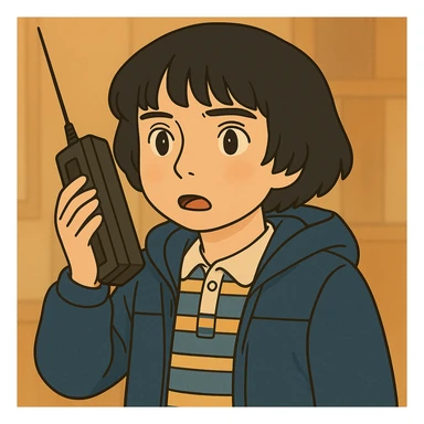 Mike Wheeler with a short bowl haircut, wearing iconic first season clothes (blue striped shirt and jacket), simple and delicate line art, colored in pastel tones, with thick and dark outlines, in Ghibli style, 1:1 format. sticker