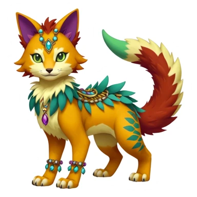 Kawaii cute reddish orangish yellowish greenish purplish exotic tribal beautiful pretty elegant divine edgy feline-vernid-sergal-Fakémon-Pokémon-Digimon-fursona-animal-creature with accessories, jewelries, full body, with intricate detailed markings sticker
