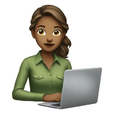 fair girl working on laptop designing website brunette green wearing  button up  sticker