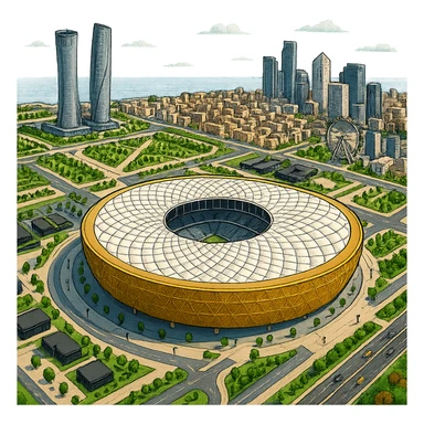 Изометричная, яркая, детализированная и фотореалистичная иллюстрация стадиона Lusail Stadium в стиле 3D-коллажей городов, насыщенные цвета, аккуратные и чёткие линии, мультяшно-реалистичная стилистика. Чёткие контуры, не размазанные линии, высокое качество, прозрачный фон, не обрезать края стадиона. sticker