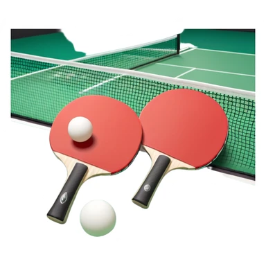 Two table tennis paddles and a ball placed on a ping pong table, with the net in the background. The scene conveys the simplicity and focus of the sport, with vibrant colors highlighting the rackets and ball on the smooth surface of the table. sticker