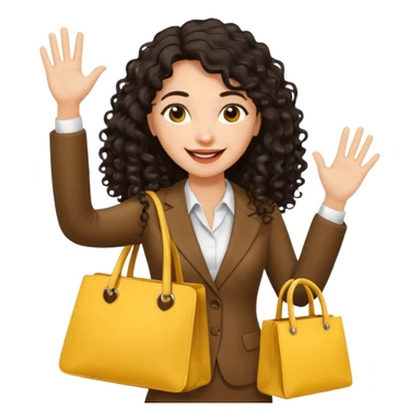 medium deep tan brown business woman with long black curly hair, waving hand with happy face with smile mouth and carrying yellow bag on her shoulder sticker
