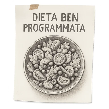 hyperrealistic 4K top view of a sheet of paper with a bowl of salad drawn on it and the text 'DIETA BEN PROGRAMMATA', variation 5, no background sticker