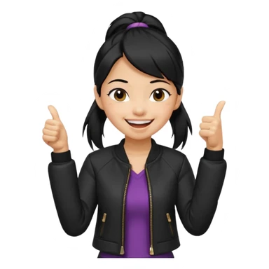 A girl with a pony tail black hair and Asian tan skin, Asian eyes, with a black jacket and a black purse, laughing with arms crossed giving a thumbs up  sticker