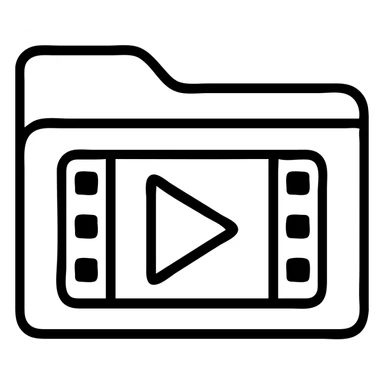 Create a very simple flat color clip art style video library folder icon matching the blue folder icon design. The icon should be minimal with a transparent background, no text, featuring a white play button and film strip details on the folder, and a thin black outline matching the original folder icon style. sticker