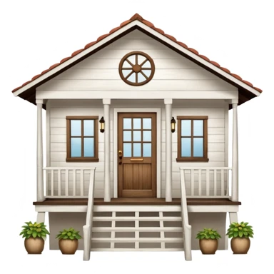A typical wooden house from rural Puerto Rico with a central functional door, two symmetrical windows, a front porch with open railings, and a rocking chair. The house should look humble but well-maintained, evoking warmth and authenticity. sticker