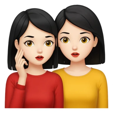2 girls gossiping. both are fair and have black hair. One has short hair, one has long. One is wearing yellow, one is wearing red sticker