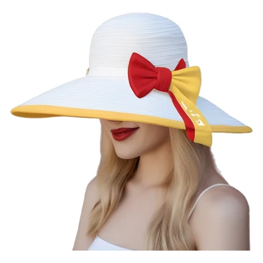 a beautiful Love themed, women's sunhat with bow in white, bright crimson red and yellow gold colors, sticker