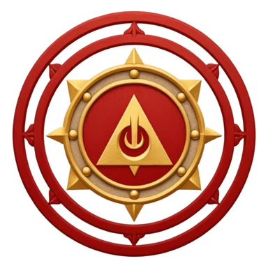 a circular casting sigil inspired by the wizard101 balance school using base color sand and trim color red. A golden scale in the middle as a focus  sticker