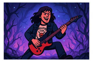 Replace the character with Eddie Munson from Stranger Things, playing an electric guitar in the Upside Down. Use vibrant toon style with a wide 16:9 aspect ratio. Include a dramatic supernatural background with eerie lighting and atmospheric effects to capture the Upside Down ambiance. sticker